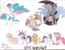 Size: 900x695 | Tagged: safe, artist:kuramalover86, applejack, fluttershy, gilda, nightmare moon, pinkie pie, princess celestia, rainbow dash, rarity, twilight sparkle, alicorn, earth pony, griffon, pegasus, pony, unicorn, g4, cardboard twilight, coexist, colored pencil drawing, ethereal mane, female, hijab, islam, mane six, mare, my little pony logo, pagan, religion, star of david, stock vector, traditional art, unicorn twilight, wicca, yin-yang