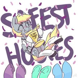 Size: 1200x1200 | Tagged: safe, artist:xieril, derpy hooves, twilight sparkle, oc, oc:tracy cage, alicorn, pony, g4, 4chan, 4chan babby cup, 4chan cup, cheering, confetti, female, football, lyra plushie, mare, safest hooves, sports, trophy, twilight sparkle (alicorn)