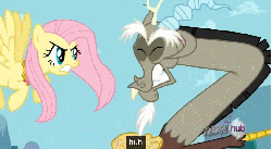Size: 844x465 | Tagged: safe, screencap, discord, fluttershy, g4, keep calm and flutter on, season 3, animated, element of kindness, hub logo, the stare, youtube caption