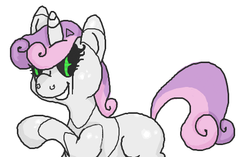 Size: 504x316 | Tagged: artist needed, safe, sweetie belle, pony, robot, unicorn, g4, blank flank, female, filly, foal, hooves, horn, simple background, smiling, solo, sweetie bot, teeth, white background