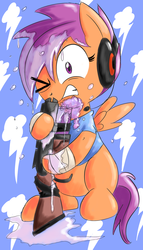 Size: 2000x3500 | Tagged: safe, artist:d3rpy, scootaloo, pegasus, pony, g4, crit-a-cola, crossover, female, force-of-nature, gun, gun safety, one eye closed, scattergun, scout (tf2), scoutaloo, soda popper, solo, team fortress 2, weapon, wet mane