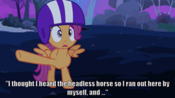 Size: 500x281 | Tagged: safe, screencap, scootaloo, g4, sleepless in ponyville, female, helmet, solo, subtitles, talking