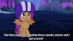 Size: 500x281 | Tagged: safe, screencap, scootaloo, g4, sleepless in ponyville, female, helmet, solo, subtitles, talking