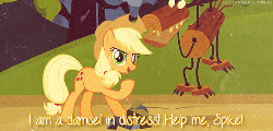 Size: 500x240 | Tagged: safe, screencap, applejack, spike, timber wolf, g4, spike at your service, animated, damsel in distress, elements of irony, rock, subtitles, talking, timber wolf puppet