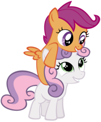 Size: 728x879 | Tagged: safe, artist:lazypixel, artist:thestorm117, scootaloo, sweetie belle, pegasus, pony, unicorn, g4, cute, cutealoo, diasweetes, glomp, grin, hat, hug, ponies riding ponies, pony hat, riding, scootaloo riding sweetie belle, simple background, smiling, squee, transparent background, vector