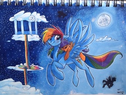 Size: 2048x1536 | Tagged: safe, artist:datrussianchic, rainbow dash, scootaloo, g4, moon, ponies riding ponies, rainbow waterfall, riding, scootaloo riding rainbow dash, scootalove, sleeping, traditional art
