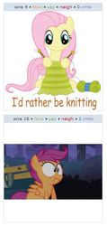 Size: 272x570 | Tagged: safe, fluttershy, scootaloo, pegasus, pony, derpibooru, g4, cute, juxtaposition, no mouth, scootaloo is not amused, unamused, wide eyes