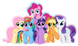 Size: 1155x691 | Tagged: safe, artist:theshadowstone, applejack, fluttershy, pinkie pie, rainbow dash, rarity, twilight sparkle, alicorn, earth pony, pegasus, pony, unicorn, g4, female, glowing, happy, mane six, mare, simple background, smiling, transparent background, twilight sparkle (alicorn), vector