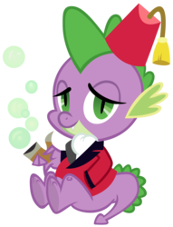 Size: 6000x7872 | Tagged: safe, artist:crusierpl, spike, dragon, g4, absurd resolution, ascot, bubble, bubble pipe, classy, fez, hat, looking at you, pipe, simple background, sitting, smoking jacket, solo, transparent background, vector