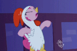 Size: 696x464 | Tagged: safe, screencap, pinkie pie, earth pony, pony, g4, luna eclipsed, season 2, animal costume, animated, bipedal, chicken pie, chicken suit, clothes, costume, egg, egg laying, feather, female, flailing, hub logo, hubble, nightmare night, oviposition, scared, solo