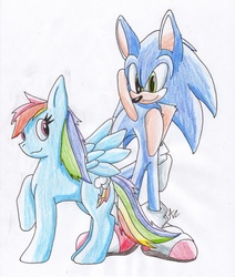 Size: 5016x5920 | Tagged: safe, artist:azuredreamrealm, rainbow dash, g4, absurd resolution, crossover, male, sonic the hedgehog, sonic the hedgehog (series), traditional art