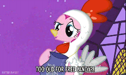 Size: 500x300 | Tagged: safe, edit, edited screencap, screencap, pinkie pie, earth pony, pony, g4, luna eclipsed, animal costume, animated, bag, chicken pie, chicken suit, clothes, costume, female, hub logo, hubble, image macro, nightmare night, nightmare night costume, solo, talking, the hub