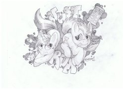 Size: 800x582 | Tagged: safe, artist:fire-topaz, artist:katie-brony, doctor whooves, lyra heartstrings, minuette, time turner, g4, doctor who, sketch, tardis, traditional art, wip