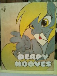 Size: 774x1032 | Tagged: safe, artist:npegasistero, derpy hooves, pegasus, pony, g4, female, letter, mail, mare, mouth hold, photo, pyrography, traditional art