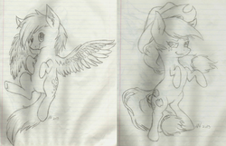 Size: 1024x660 | Tagged: safe, artist:bubblyblackbird, applejack, derpy hooves, pegasus, pony, g4, female, lined paper, mare, sketch, traditional art