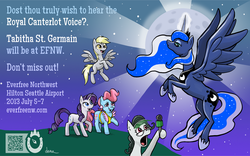 Size: 1023x640 | Tagged: safe, artist:pedantia, cup cake, derpy hooves, princess luna, rarity, oc, oc:front page, pegasus, pony, g4, everfree northwest, everfree northwest 2013, female, mare, tabitha st. germain