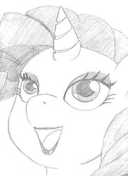 Size: 2551x3507 | Tagged: safe, artist:considerably-insane, rarity, g4, bust, eyeliner, looking up, makeup, open mouth, sketch, smiling, solo