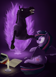 Size: 2000x2759 | Tagged: safe, artist:phiktorial, twilight sparkle, alicorn, horse, pony, g4, book, candle, female, hoers, mare, neighcromancy, summoning, twilight sparkle (alicorn), what has magic done, what has science done