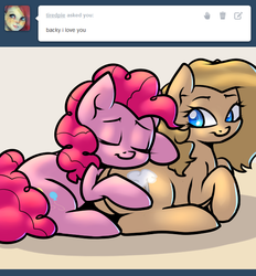 Size: 650x700 | Tagged: safe, artist:slavedemorto, pinkie pie, oc, oc:backy, g4, ask, sleeping, tired pie, tumblr