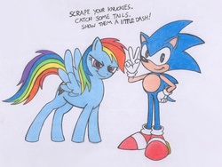 Size: 926x695 | Tagged: safe, artist:spectrum-sparkle, rainbow dash, g4, crossover, male, sonic the hedgehog, sonic the hedgehog (series), traditional art