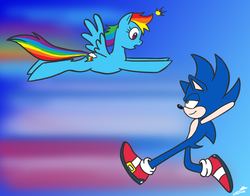 Size: 1280x1002 | Tagged: safe, artist:thex-plotion, rainbow dash, g4, crossover, male, rivalry, sonic the hedgehog, sonic the hedgehog (series)