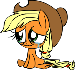 Size: 928x861 | Tagged: safe, artist:mushroomcookiebear, applejack, earth pony, pony, g4, crying, female, filly, sad, simple background, sitting, solo, transparent background, underhoof, wavy mouth, younger