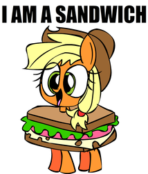 Size: 601x702 | Tagged: safe, artist:mushroomcookiebear, applejack, earth pony, pony, g4, clothes, cute, dialogue, female, food, food costume, jackabetes, open mouth, sandwich, silly, silly pony, simple background, smiling, solo, wat