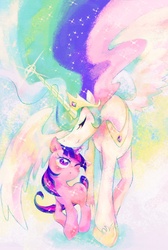 Size: 1000x1489 | Tagged: safe, artist:az, princess celestia, twilight sparkle, g4, pixiv