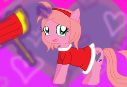 Size: 827x566 | Tagged: safe, artist:cocoasnowflakes, pony, amy rose, hammer, ponified, solo, sonic the hedgehog (series)