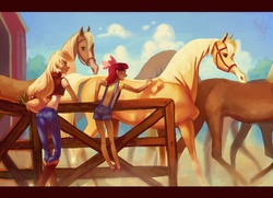 Size: 4269x3083 | Tagged: safe, artist:holivi, apple bloom, applejack, horse, human, g4, clothes, cottagecore, farm, high res, humanized