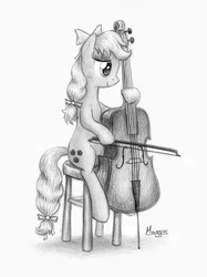 Size: 683x912 | Tagged: safe, artist:magfen, applejack, g4, bow, cello, monochrome, musical instrument