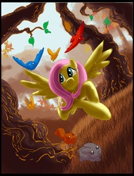 Size: 2600x3400 | Tagged: safe, artist:semajz, fluttershy, bird, butterfly, rabbit, squirrel, g4, animal