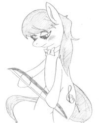 Size: 2481x3083 | Tagged: safe, artist:considerably-insane, octavia melody, g4, bow (instrument), bowtie, female, monochrome, sketch, solo, traditional art