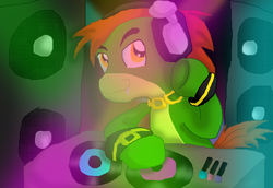 Size: 841x578 | Tagged: safe, artist:cocoasnowflakes, pony, headphones, male, ponified, solo, sonic the hedgehog (series), vector the crocodile