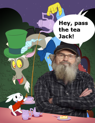 Size: 544x700 | Tagged: safe, edit, angel bunny, discord, human, g4, duck dynasty, si, speech bubble, tea, tea party, teapot