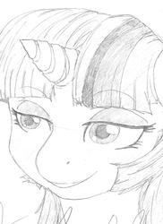 Size: 2551x3507 | Tagged: safe, artist:considerably-insane, twilight sparkle, g4, bedroom eyes, bust, looking at something, looking away, sketch, smiling