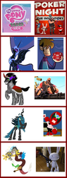 Size: 523x1381 | Tagged: safe, discord, king sombra, nightmare moon, queen chrysalis, alicorn, changeling, changeling queen, draconequus, human, pony, rabbit, unicorn, anthro, g4, animal, armor, chaos is magic, comparison chart, evil grin, grin, heavy weapons guy, helmet, horn, max (sam and max), my little pony logo, poker night at the inventory, raised hoof, sam and max, smiling, spread wings, strong bad, team fortress 2, tycho brahe, wings