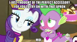 Size: 631x351 | Tagged: safe, edit, edited screencap, screencap, rarity, spike, dragon, pony, unicorn, dragon quest, g4, apron, blushing, caption, clothes, female, hub logo, image macro, male, mare, meme, rarity's bad pickup lines, ship:sparity, shipping, straight