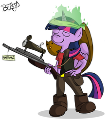 Size: 950x1080 | Tagged: safe, artist:benja, twilight sparkle, alicorn, bird, owl, anthro, g4, animal, clothes, eyes closed, female, gun, hooves, horn, mare, midriff, optical sight, parody, rifle, short shirt, simple background, sniper, sniper (tf2), sniper rifle, solo, team fortress 2, twilight sparkle (alicorn), weapon, white background, wings