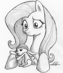 Size: 1287x1500 | Tagged: safe, artist:dj-black-n-white, angel bunny, fluttershy, pony, g4, season 4, concept art, eminem, f to the flutter s to the shy, female, mare, microphone, monochrome, rapping, rumor, slim shady, traditional art