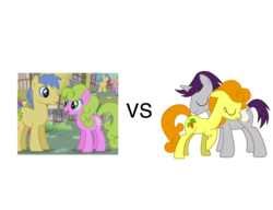 Size: 1000x768 | Tagged: safe, edit, edited screencap, screencap, carrot top, daisy, flower wishes, golden harvest, goldengrape, sir colton vines iii, written script, earth pony, pony, unicorn, g4, daisygrape, female, goldenscript, male, mare, ponies standing next to each other, shipping, stallion, straight