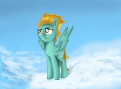 Size: 1900x1400 | Tagged: safe, artist:malinetourmaline, lightning dust, pegasus, pony, g4, cloud, female, sad, scenery, sky, solo