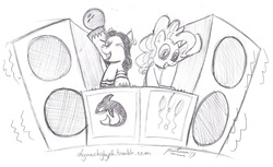 Size: 1280x785 | Tagged: safe, artist:meliexius-marcus, pinkie pie, oc, g4, 30 minute art challenge, bowling ball, disc jockey, dj table, speaker, turntable