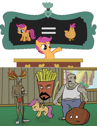 Size: 503x655 | Tagged: safe, artist:madmax, edit, scootaloo, bird, chicken, human, pegasus, pony, aqua teen hunger force, billywitchdoctor.com, carl brutananadilewski, clothes, female, filly, frylock, male, meatwad, origins, scootachicken