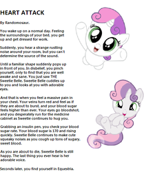 Size: 450x539 | Tagged: safe, artist:randomosaur, sweetie belle, pony, unicorn, g4, cute, diabetes, diasweetes, female, filly, foal, heart attack, horn, meta, story, text, the equestria after death