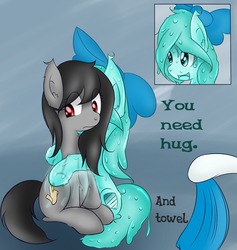 Size: 1280x1348 | Tagged: safe, artist:freefraq, oc, oc only, oc:pencil scratch, oc:shiny slime, goo pony, original species, ask, hug, slime, towel, tumblr