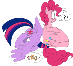 Size: 944x847 | Tagged: dead source, safe, artist:colossalstinker, pinkie pie, twilight sparkle, alicorn, pony, g4, exclamation point, facesitting, fat, fat fetish, female, head up butt, impossibly large belly, interrobang, mare, penetration, preylight, question mark, simple background, speech bubble, surprised, thought bubble, transparent background, twilight sparkle (alicorn)