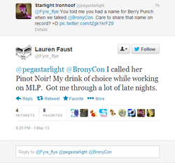 Size: 533x495 | Tagged: safe, berry punch, berryshine, g4, alcohol, lauren faust, name, naming, pinot noir (wine), text, twitter, wine, word of faust