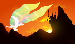 Size: 2238x1312 | Tagged: safe, artist:haretrinity, princess celestia, g4, canterlot, female, flying, glowing eyes, solo, sun