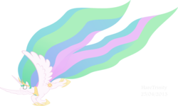 Size: 1285x773 | Tagged: safe, artist:haretrinity, princess celestia, pony, g4, female, flying, glowing eyes, long mane, long tail, mare, simple background, solo, transparent background